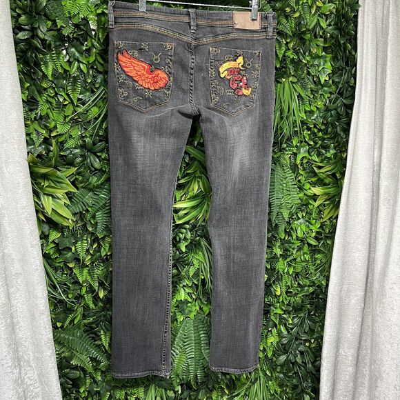 VTG PEPE JEANS LONDON Women Pants 31 Gray Denim‎ Embroidered Studded Zodiac 1750 - Picture 1 of 13